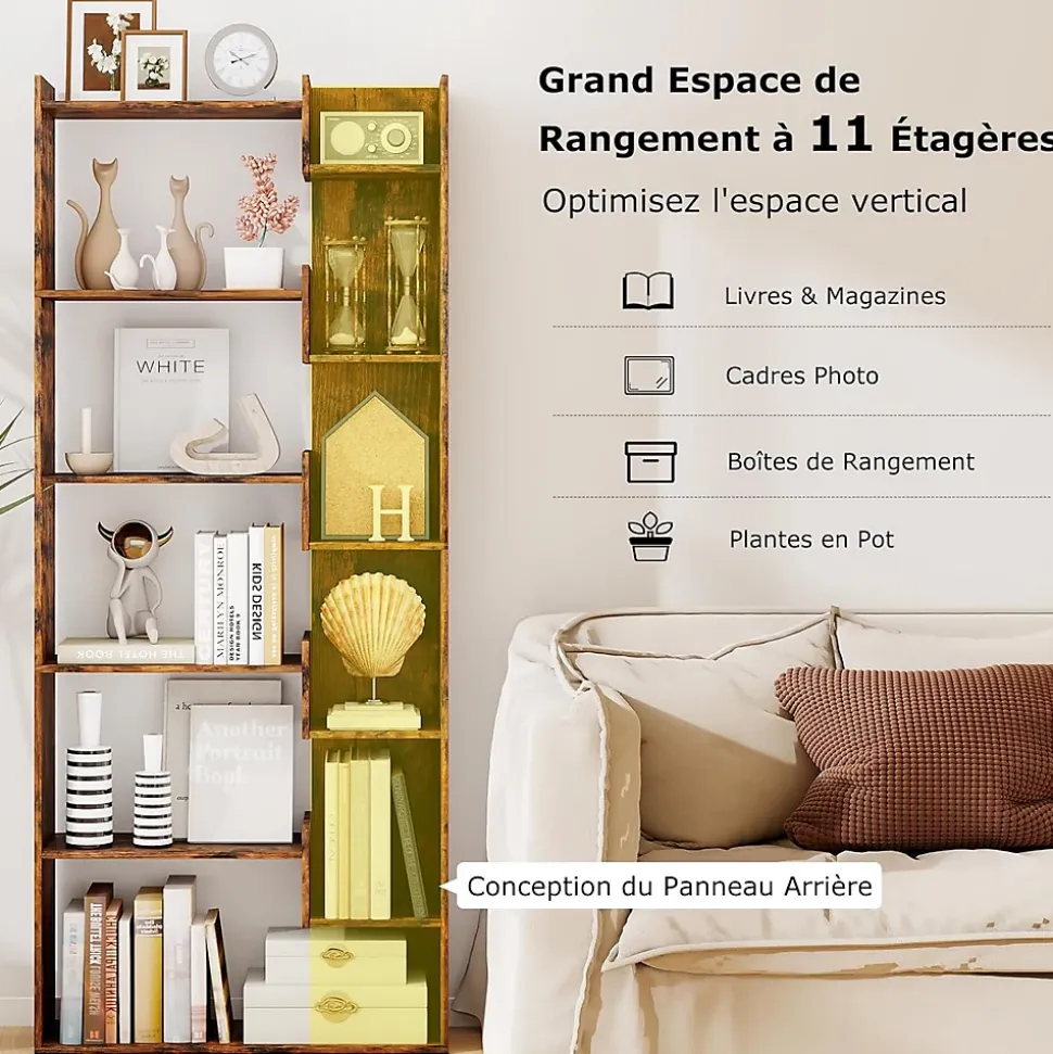 Bibliotheque pour Salon en Bois à 6 Niveaux, Bibliothèque Meuble de Rangement Haut avec Kit Anti-basculement