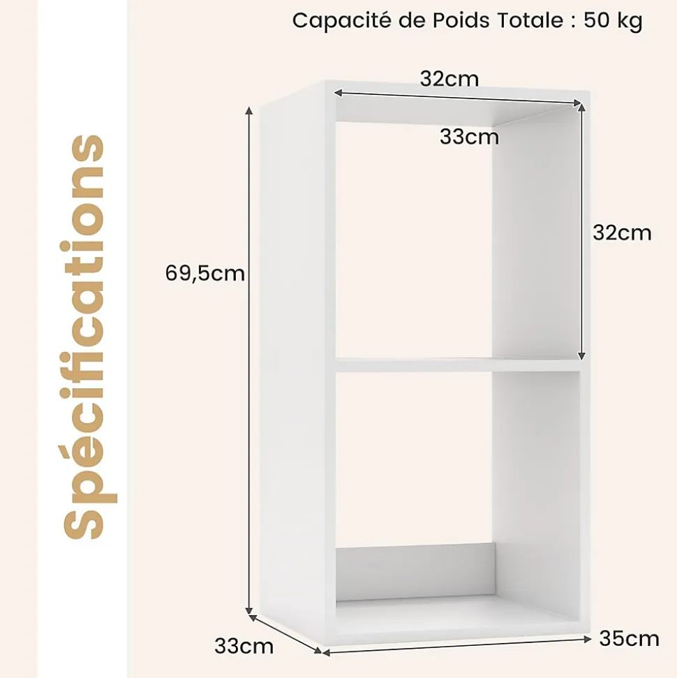 Bibliothèque à 2 Cubes Etagères Ouvertes Verticale Moderne à 3 Niveaux Meuble de Rangement Ouvert Autoportant avec 2 Kits Blanc