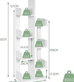 Bibliothèque à 8 Niveaux Forme Arbre Charge 80kg étagère de Rangement de Bureau avec Dispositif Anti Basculement Blanc