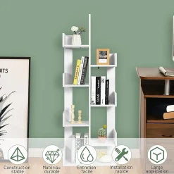 Bibliothèque à 8 Niveaux Forme Arbre Charge 80kg étagère de Rangement de Bureau avec Dispositif Anti Basculement Blanc