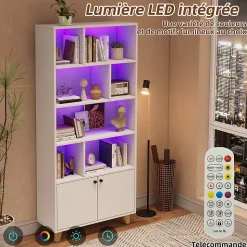 Bibliothèque - 4 Étagères - 2 Portes - Bois de Pin et MDF - Télécommande LED - 80 x 30 x 173 cm - Blanc