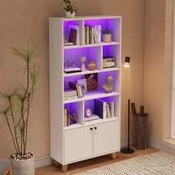 Bibliothèque - 4 Étagères - 2 Portes - Bois de Pin et MDF - Télécommande LED - 80 x 30 x 173 cm - Blanc