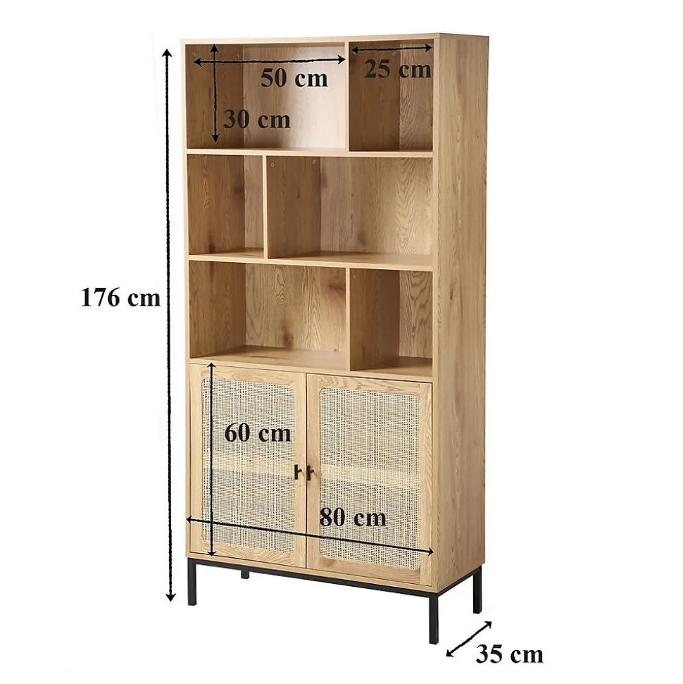 Bibliothèque 6 Cases et 2 Portes en Rotin Naturel H175cm - JAYA