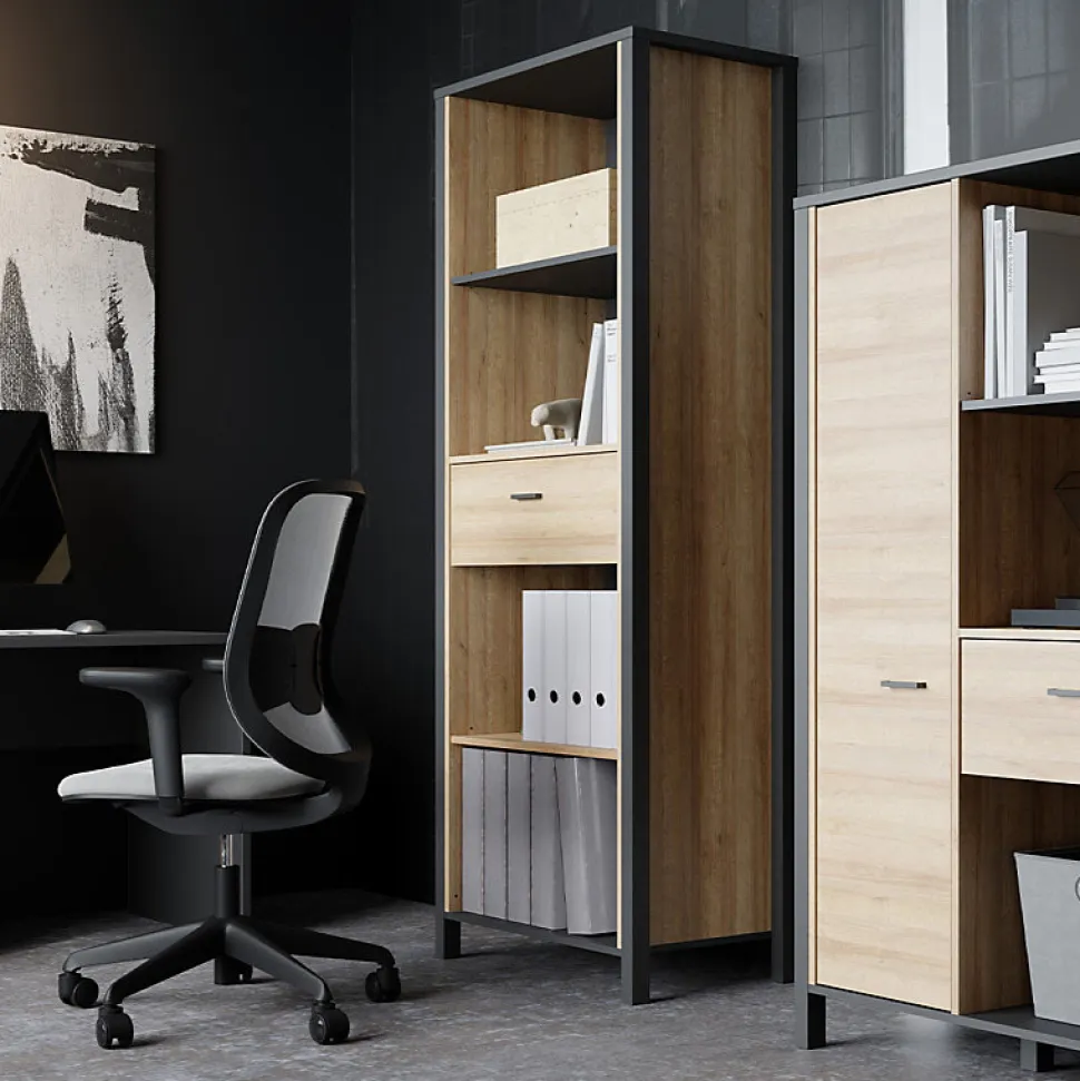 Bibliothèque 194 cm 1 tiroir 4 niches décor bois chêne et noir - MODE