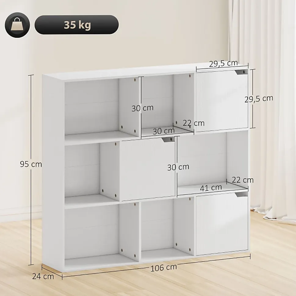 Bibliothèque 9 Cubes - Étagère 3 Portes et 6 Compartiments Ouverts, Panneau de Particules, Blanc