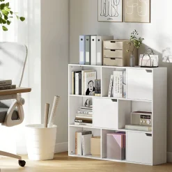 Bibliothèque 9 Cubes - Étagère 3 Portes et 6 Compartiments Ouverts, Panneau de Particules, Blanc