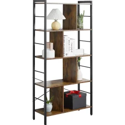 Bibliothèque 5 niveaux design industriel - dim. 74 x 30 x 157,5 cm - acier noir effet bois vieilli
