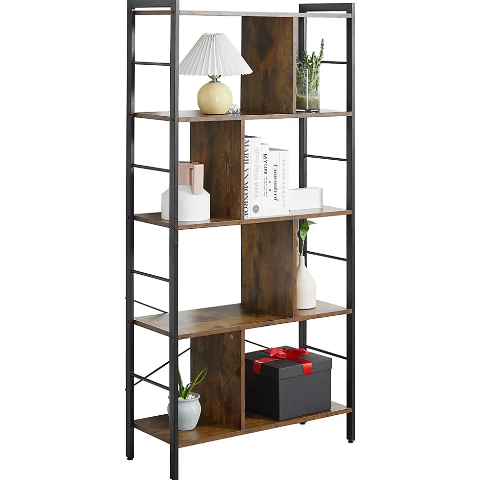 Bibliothèque 5 niveaux design industriel - dim. 74 x 30 x 157,5 cm - acier noir effet bois vieilli