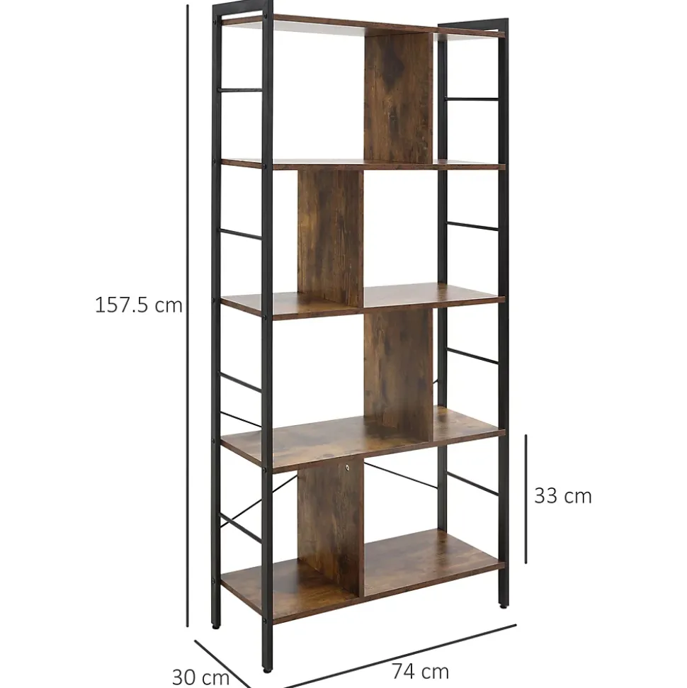 Bibliothèque 5 niveaux design industriel - dim. 74 x 30 x 157,5 cm - acier noir effet bois vieilli