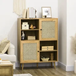 Bibliothèque 2 portes 4 niches style bohème chic cannage en rotin panneaux aspect chêne clair