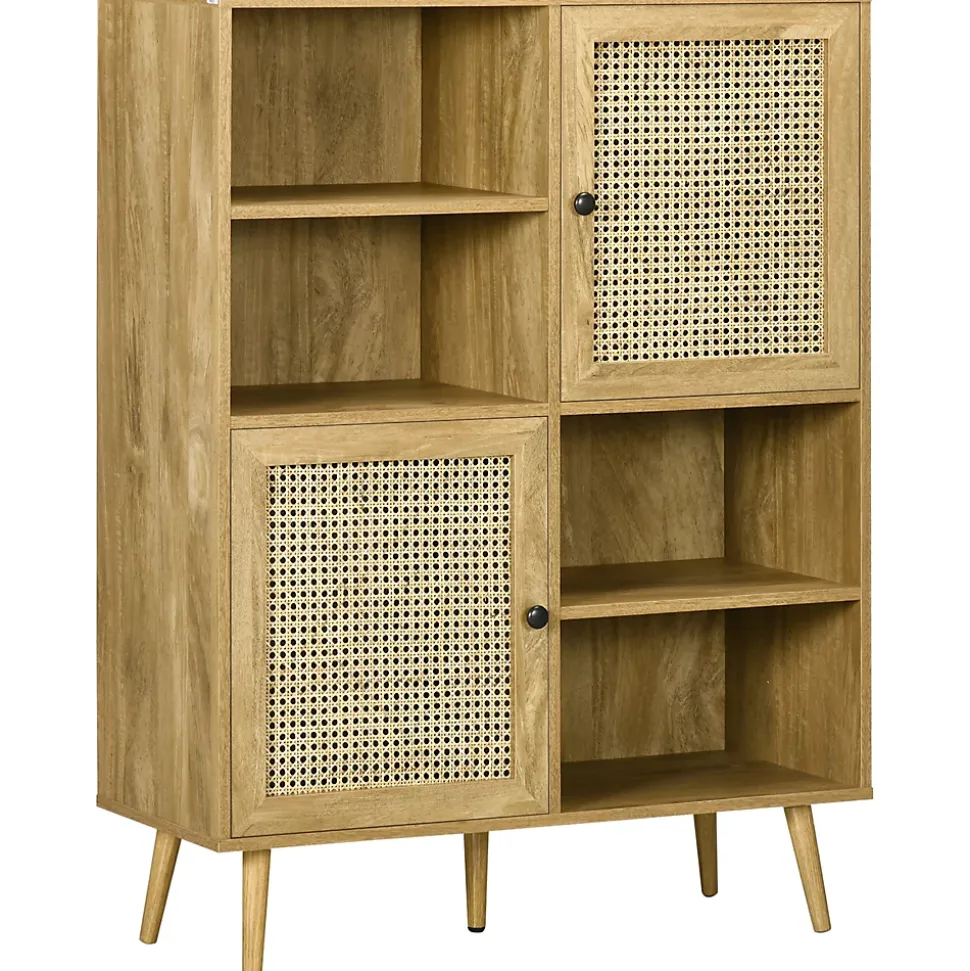 Bibliothèque 2 portes 4 niches style bohème chic cannage en rotin panneaux aspect chêne clair