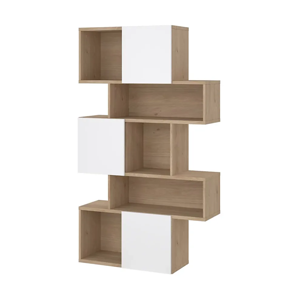 Bibliothèque Acetosella, Etagère de bureau, Porte-livre mobile, Librairie, 96x32 h166 cm, Chêne clair et Blanc