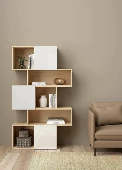 Bibliothèque Acetosella, Etagère de bureau, Porte-livre mobile, Librairie, 96x32 h166 cm, Chêne clair et Blanc