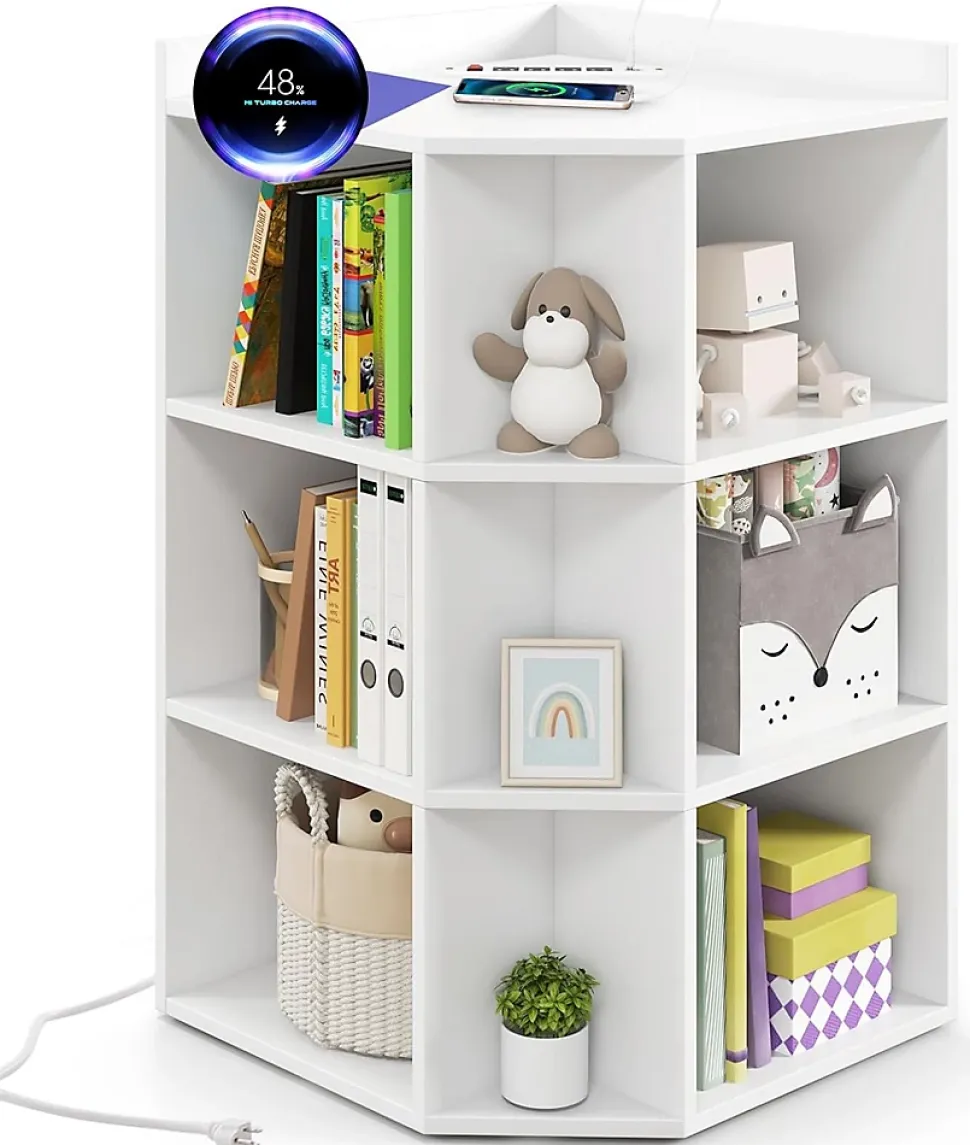 Bibliothèque angle avec Station de Charge 4 Prises 2 USB 3 Niveaux avec 9 Casiers pour Jouets Livres Blanc