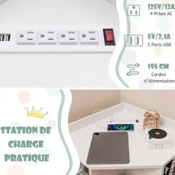 Bibliothèque angle avec Station de Charge 4 Prises 2 USB 3 Niveaux avec 9 Casiers pour Jouets Livres Blanc