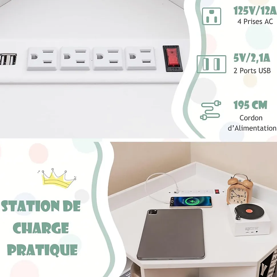 Bibliothèque angle avec Station de Charge 4 Prises 2 USB 3 Niveaux avec 9 Casiers pour Jouets Livres Blanc