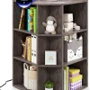 Bibliothèque angle avec Station de Charge 4 Prises 2 USB 3 Niveaux avec 9 Casiers pour Jouets Livres Gris