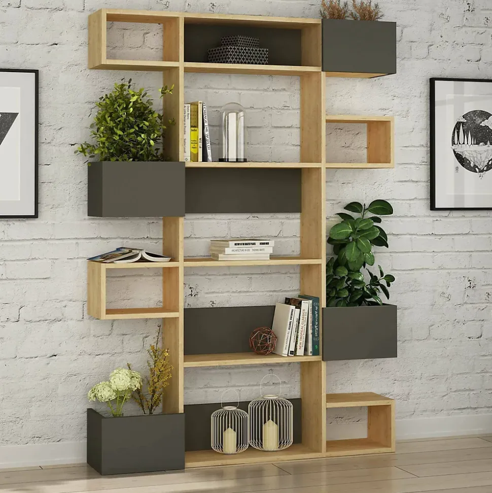 Bibliothèque Artich, Etagère de bureau, Porte-livre mobile, Librairie, 120x20h171 cm, Chêne et Anthracite