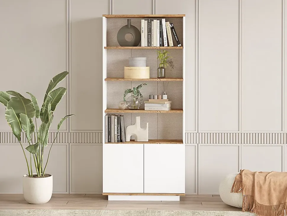 Bibliothèque avec 2 portes et 4 niches - Blanc et naturel - LOTULA