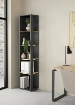 Bibliothèque Baaz, Etagère de bureau, Porte-livre mobile, Librairie, 41x34 h205 cm, Chêne et Gris