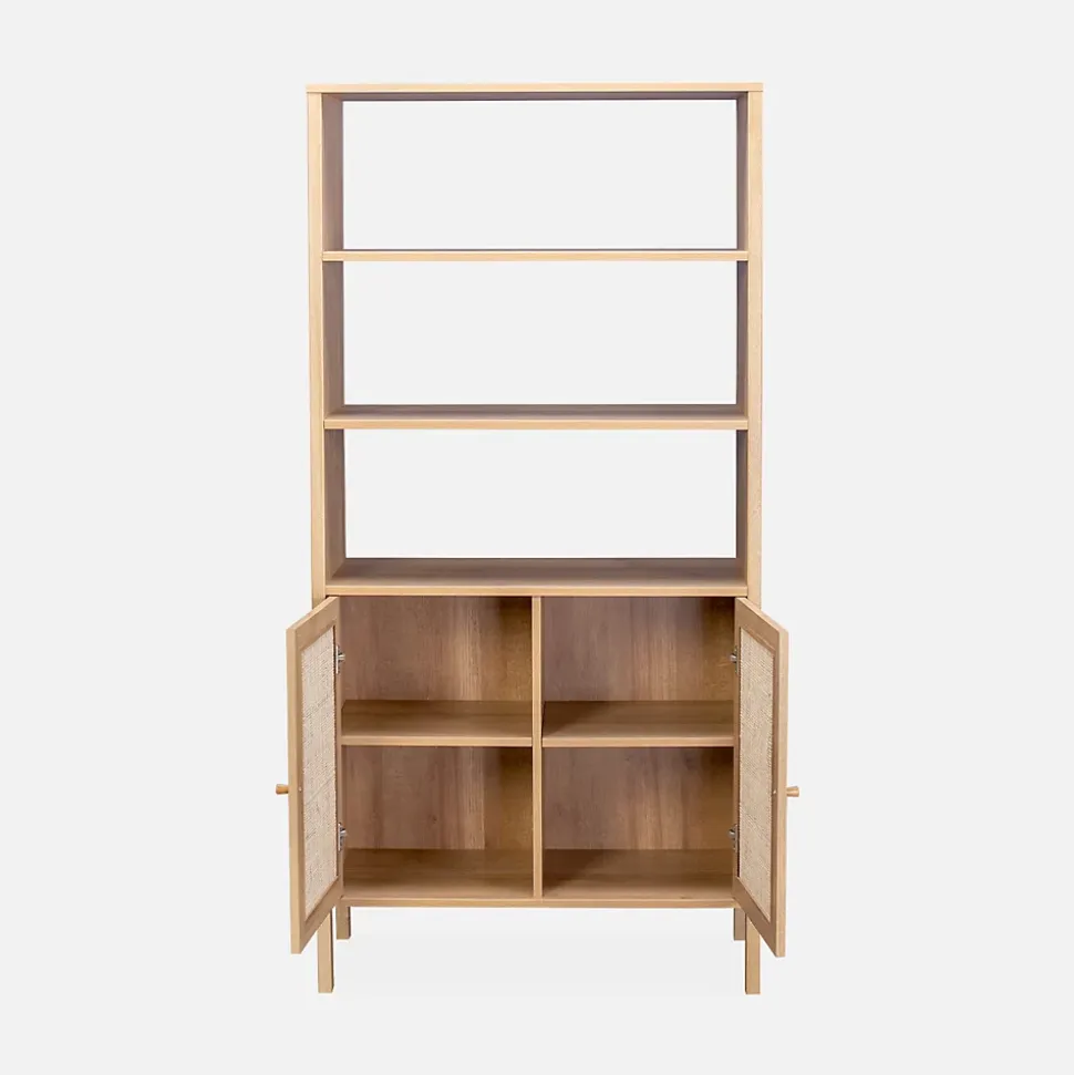 Bibliothèque décor bois et cannage - Bohème - 4 niveaux. 2 portes. 5 étagères