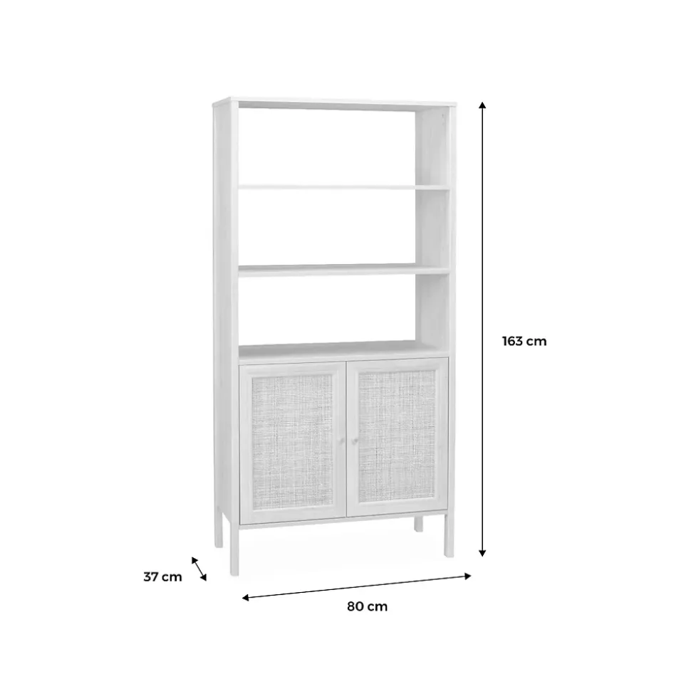 Bibliothèque décor bois et cannage - Bohème - 4 niveaux. 2 portes. 5 étagères