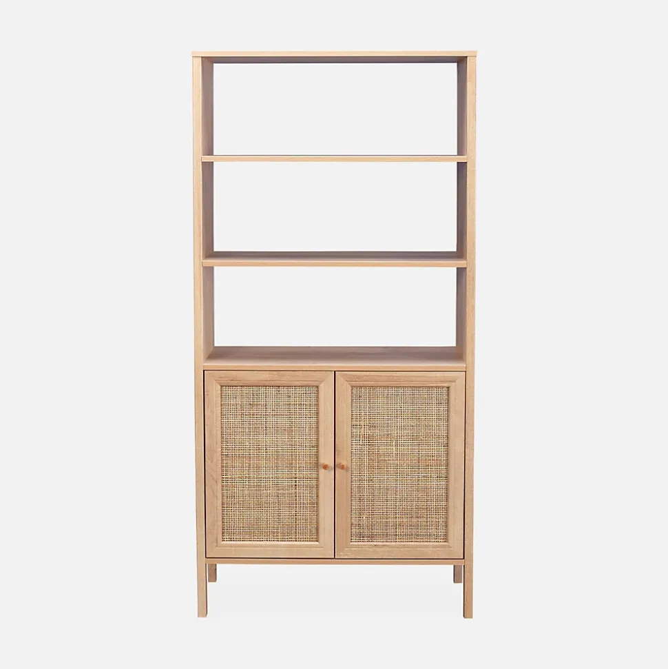 Bibliothèque décor bois et cannage - Bohème - 4 niveaux. 2 portes. 5 étagères