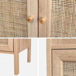 Bibliothèque décor bois et cannage - Bohème - 4 niveaux. 2 portes. 5 étagères