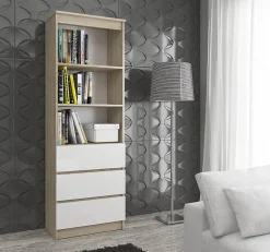 Bibliothèque de bureau AKORD R60 Chêne Sonoma 60 cm 3 tiroirs façade Blanche 3 étagères 60x35x180 cm