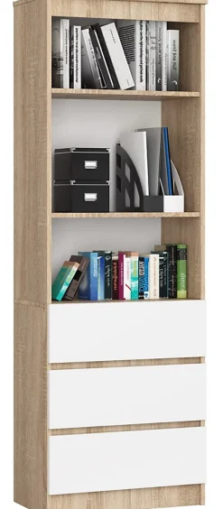 Bibliothèque de bureau AKORD R60 Chêne Sonoma 60 cm 3 tiroirs façade Blanche 3 étagères 60x35x180 cm