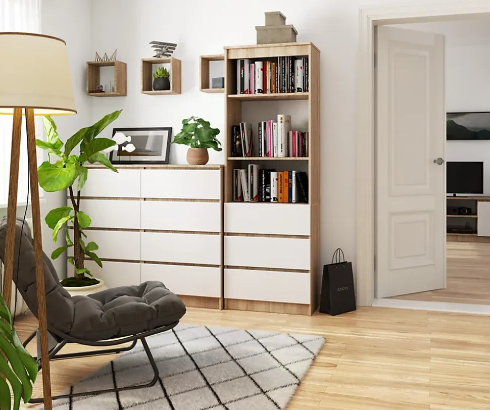 Bibliothèque de bureau AKORD R60 Chêne Sonoma 60 cm 3 tiroirs façade Blanche 3 étagères 60x35x180 cm