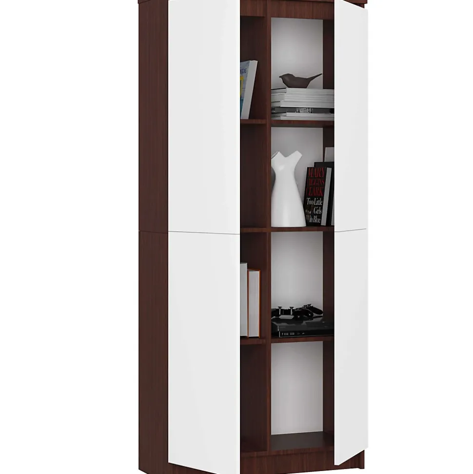 Bibliothèque de bureau Armoire AKORD R80 Wengé 80 cm 2 portes façade Blanche 8 étagères 80x35x180 cm