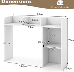 Bibliothèque de Bureau en Bois avec Plusieurs Tablettes,Organiseur de Bureau avec Dispositif Anti-Basculement,94x25x74CM,Blanc