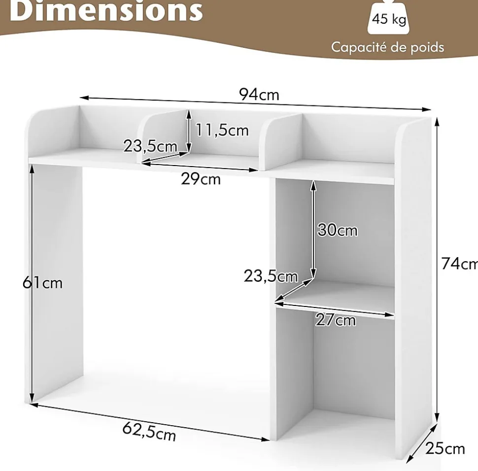 Bibliothèque de Bureau en Bois avec Plusieurs Tablettes,Organiseur de Bureau avec Dispositif Anti-Basculement,94x25x74CM,Blanc