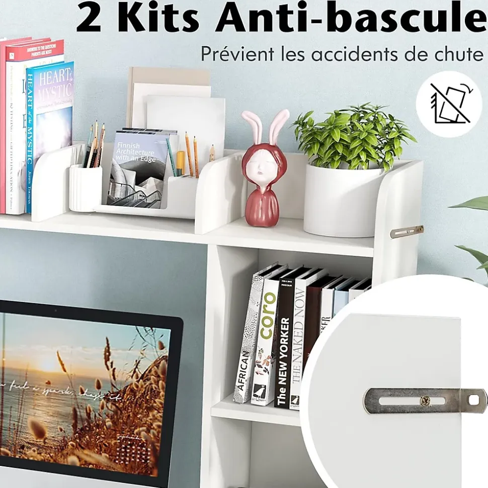 Bibliothèque de Bureau en Bois avec Plusieurs Tablettes,Organiseur de Bureau avec Dispositif Anti-Basculement,94x25x74CM,Blanc