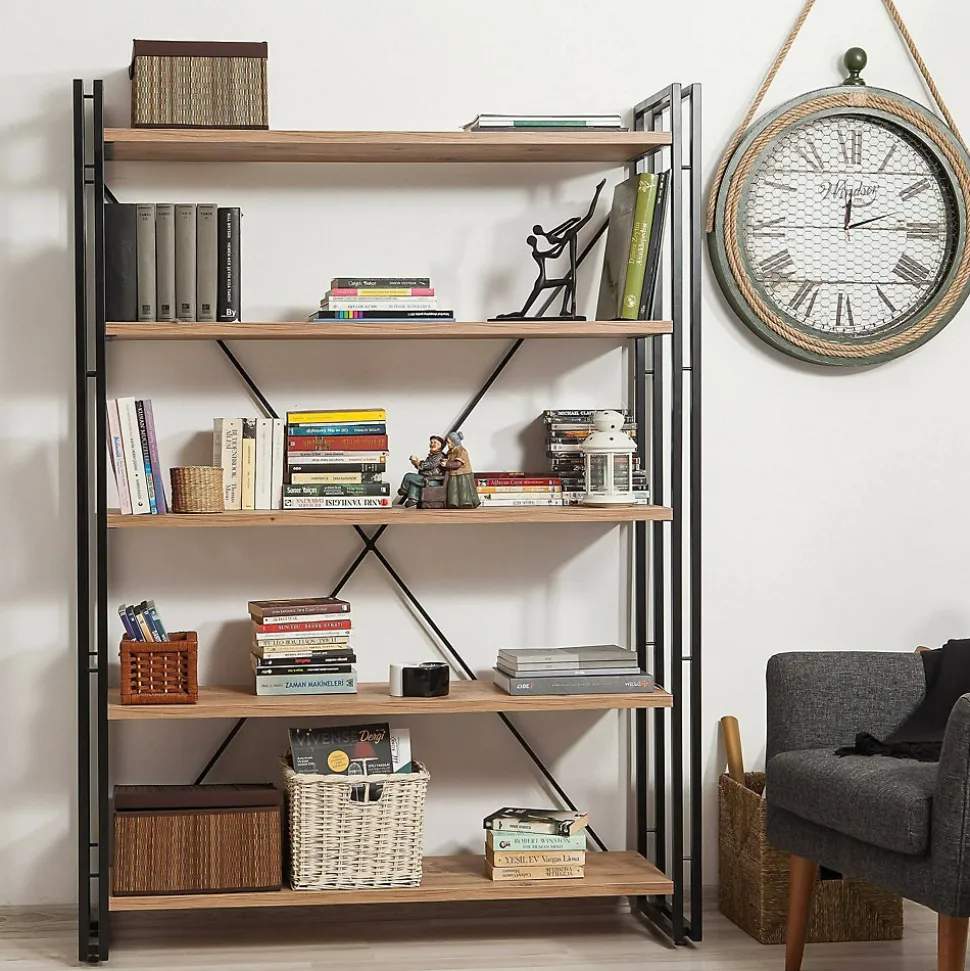 Bibliothèque Demetria, Etagère de bureau, Porte-livre mobile, Librairie, 130x35h180 cm, Chêne et Noir