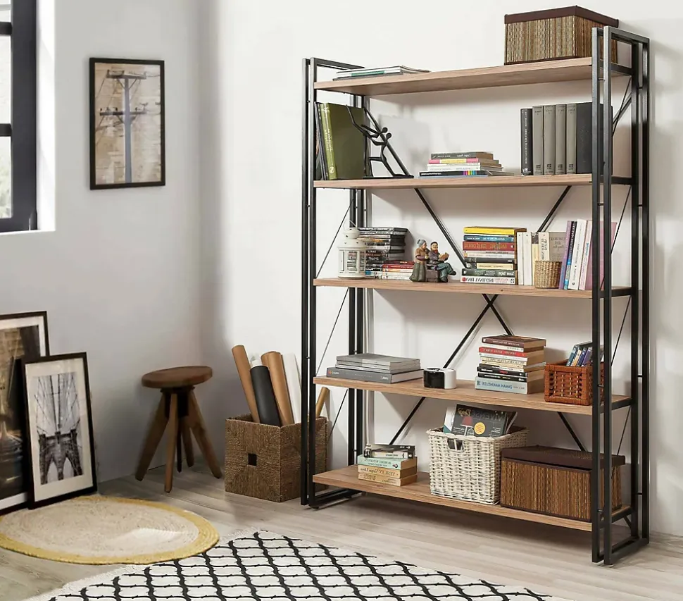 Bibliothèque Demetria, Etagère de bureau, Porte-livre mobile, Librairie, 130x35h180 cm, Chêne et Noir
