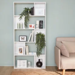 Bibliothèque design asymétrique Pieter 5 étagères. 10 compartiments de rangement. 83x23x173cm