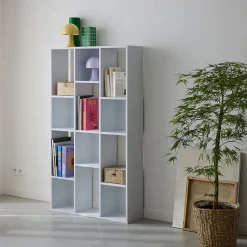 Bibliothèque design asymétrique blanche. Pieter. 3 étagères. 12 compartiments de rangement