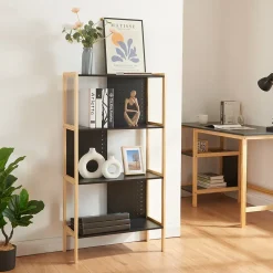Bibliothèque Doenna à 3 niveaux MDF 120 x 63 x 28 cm noir effet bois en.casa