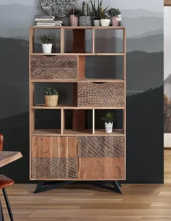 Bibliothèque en bois d'acacia et pieds en métal couleur naturelle
