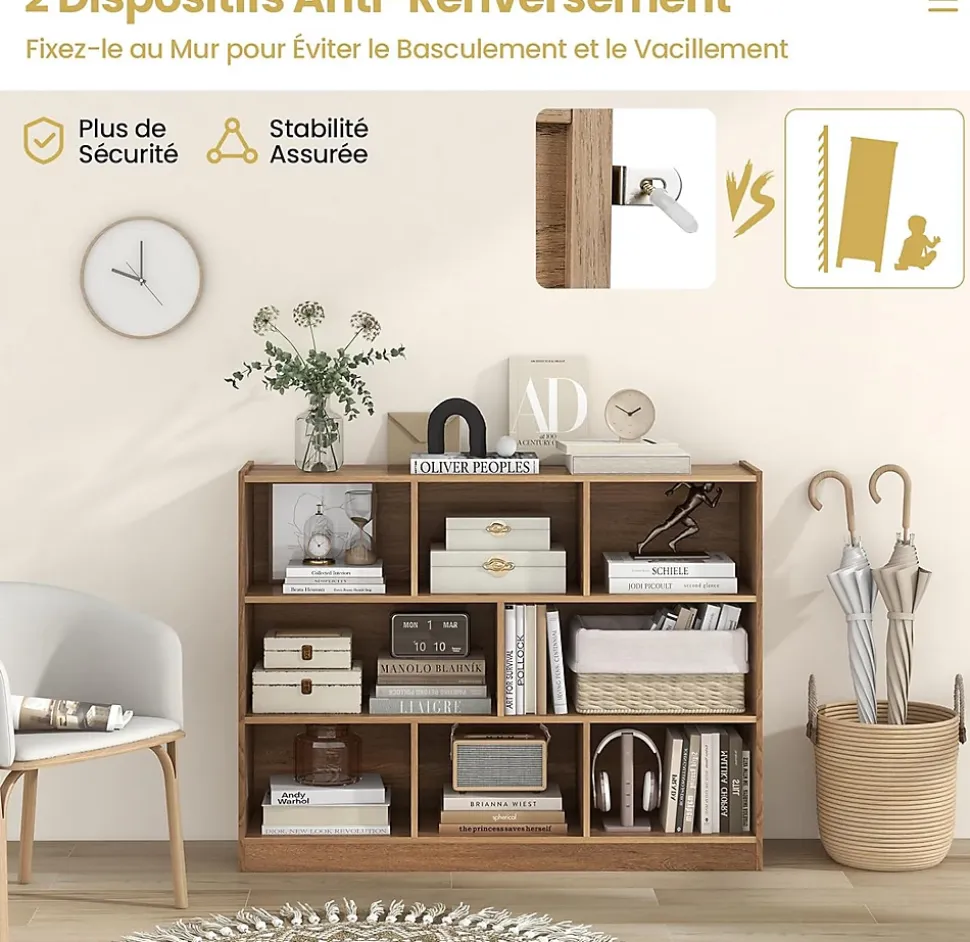 Bibliothèque Enfant 8 Cubes Ouvertes Meuble de Rangement Bibliothèque pour Livres et Jouets Naturel
