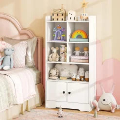 Bibliothèque Enfant en Bois Meuble Rangment Enfant avec 2 Armoires et 5 Compartiments Ouverts 120 cm Étagère à Livres