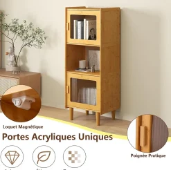 Bibliothèque Etroite à 3 Niveaux avec 2 Cubes à Porte et 1 Compartiment Ouvert Charge Totale 120 KG Naturel
