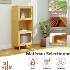 Bibliothèque Etroite à 3 Niveaux avec 2 Cubes à Porte et 1 Compartiment Ouvert Charge Totale 120 KG Naturel