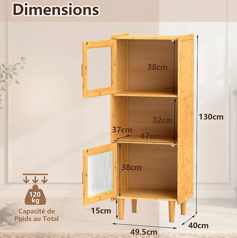 Bibliothèque Etroite à 3 Niveaux avec 2 Cubes à Porte et 1 Compartiment Ouvert Charge Totale 120 KG Naturel