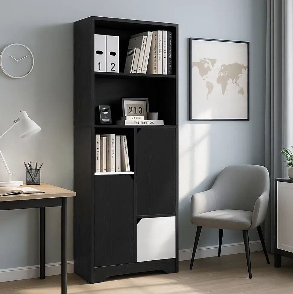 Bibliothèque Haute - Meuble de Rangement Moderne avec Tiroirs et Portes Pour Salon ou Chambre, Spanplatte, 60 x 30 x 160 cm, Noir