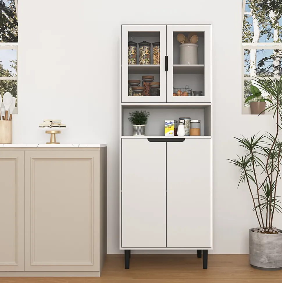 Bibliothèque Haute - Meuble de Rangement avec 4 Portes en Verre Trempé et Étagères Réglables, Spanplatte, 60 x 35 x 160 cm, Blanc