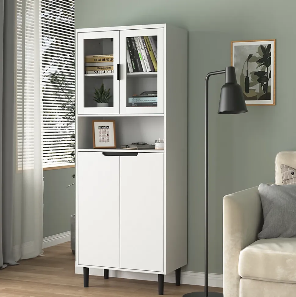 Bibliothèque Haute - Meuble de Rangement avec 4 Portes en Verre Trempé et Étagères Réglables, Spanplatte, 60 x 35 x 160 cm, Blanc