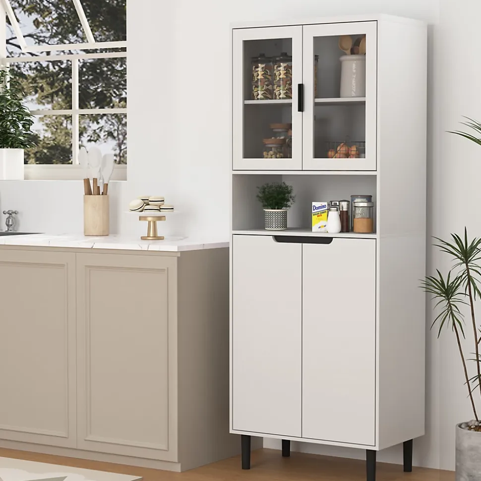 Bibliothèque Haute - Meuble de Rangement avec 4 Portes en Verre Trempé et Étagères Réglables, Spanplatte, 60 x 35 x 160 cm, Blanc